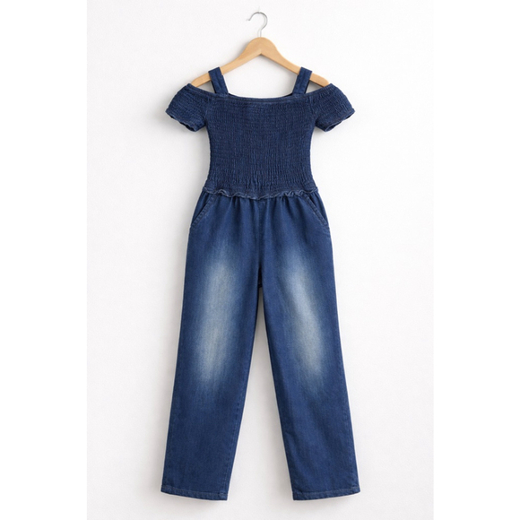 Chillipop Other - Chillipop Girls 4T Denim Jumpsuit 💙 Smocked Top Wide Leg Cute Outfit